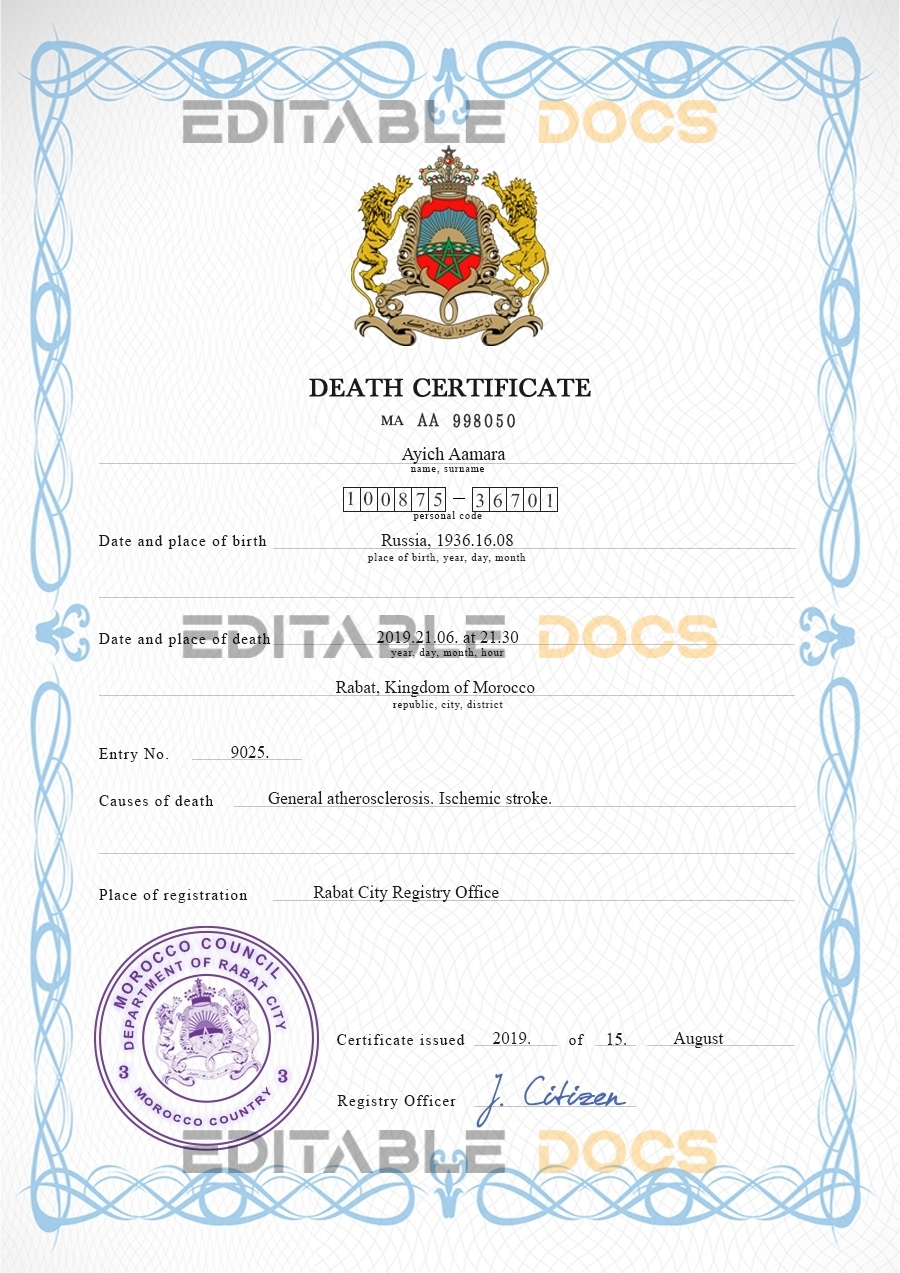Customizable Morocco Death Certificate PSD Templates | Instant Download