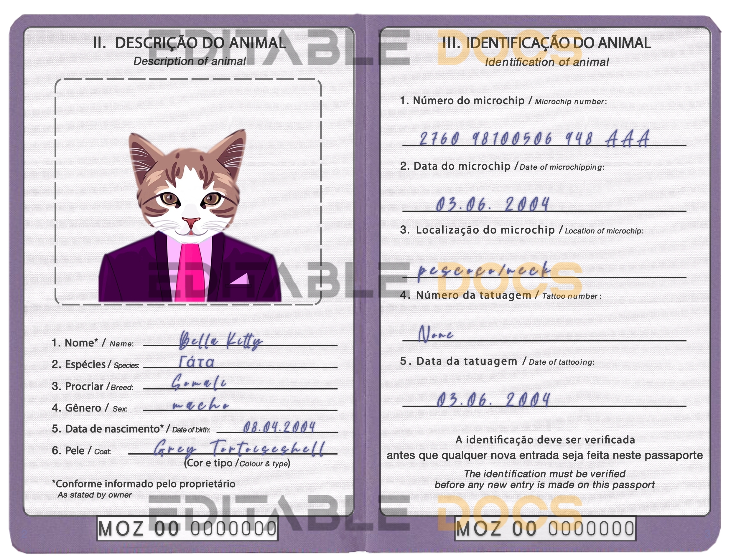 Mozambique cat Fake PSD Passport | Instant Download