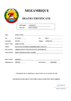Mozambique vital record death certificate Word and PDF template