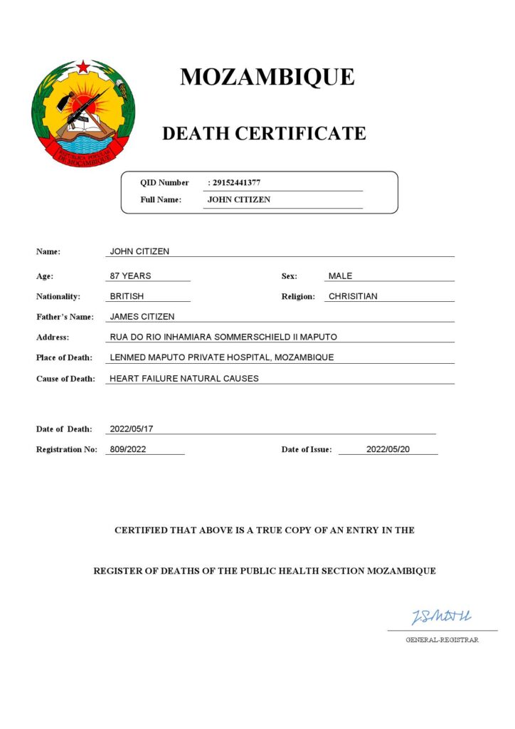 Mozambique vital record death certificate Word and PDF template