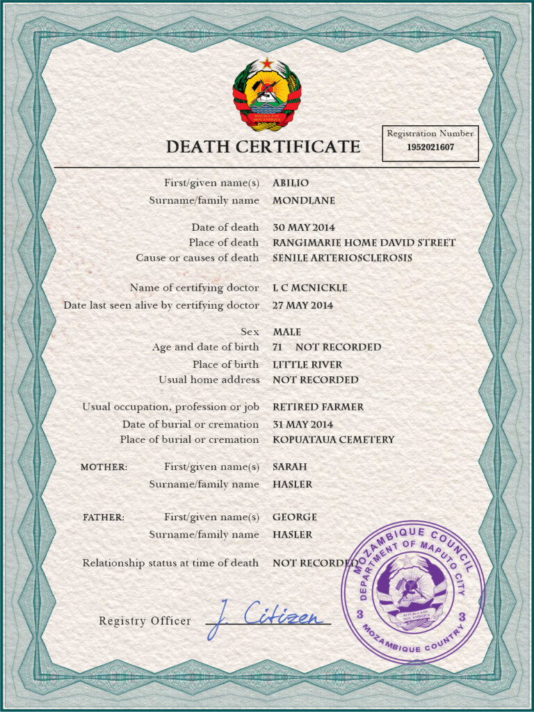 Mozambique vital record death certificate PSD template