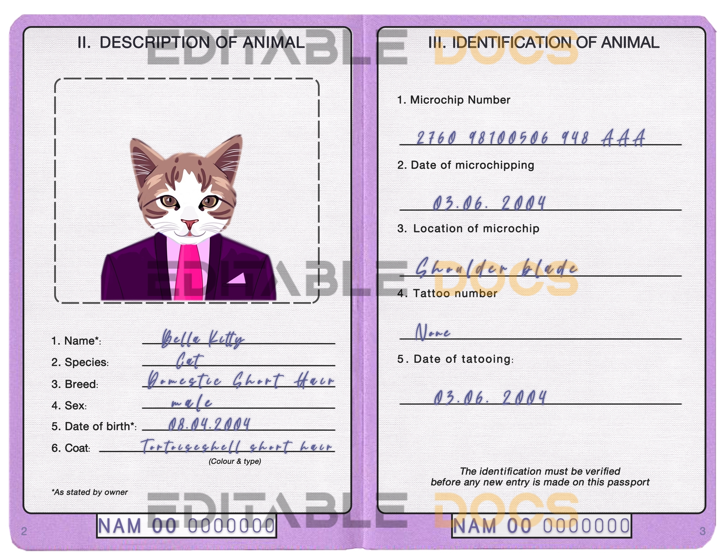 Namibia cat Fake PSD Passport | Instant Download
