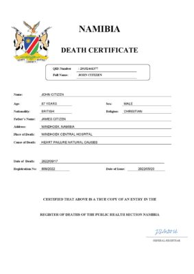 Namibia vital record death certificate Word and PDF template