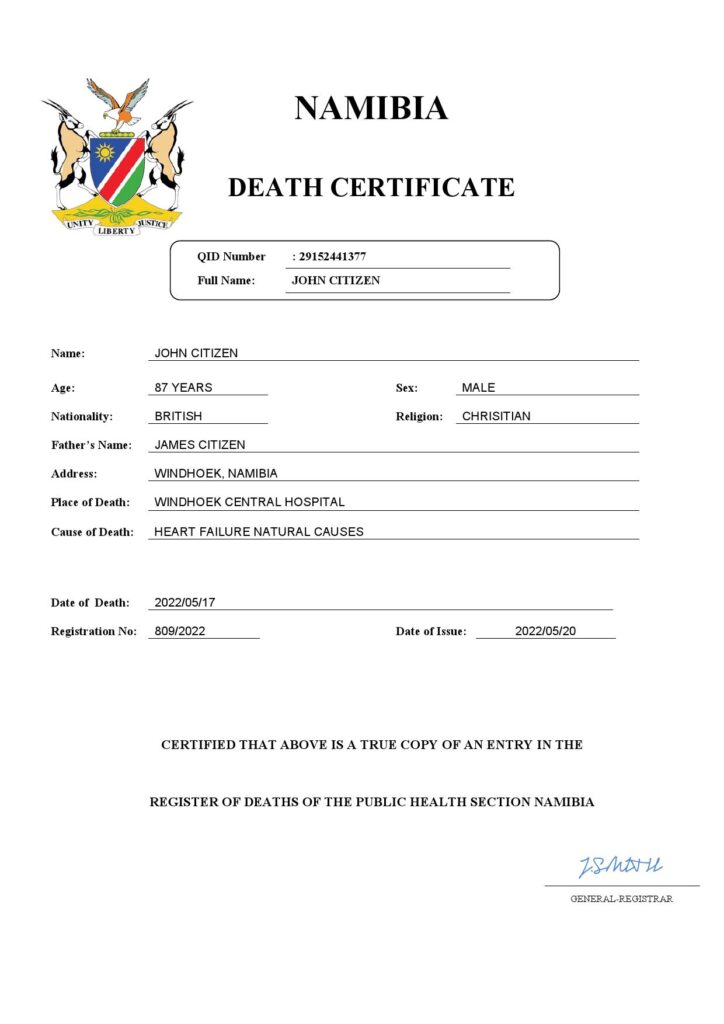 Namibia vital record death certificate Word and PDF template