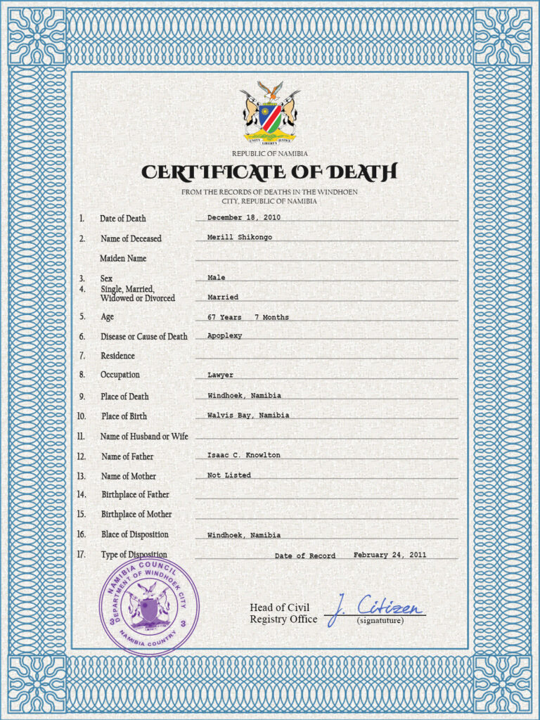Namibia vital record death certificate PSD template