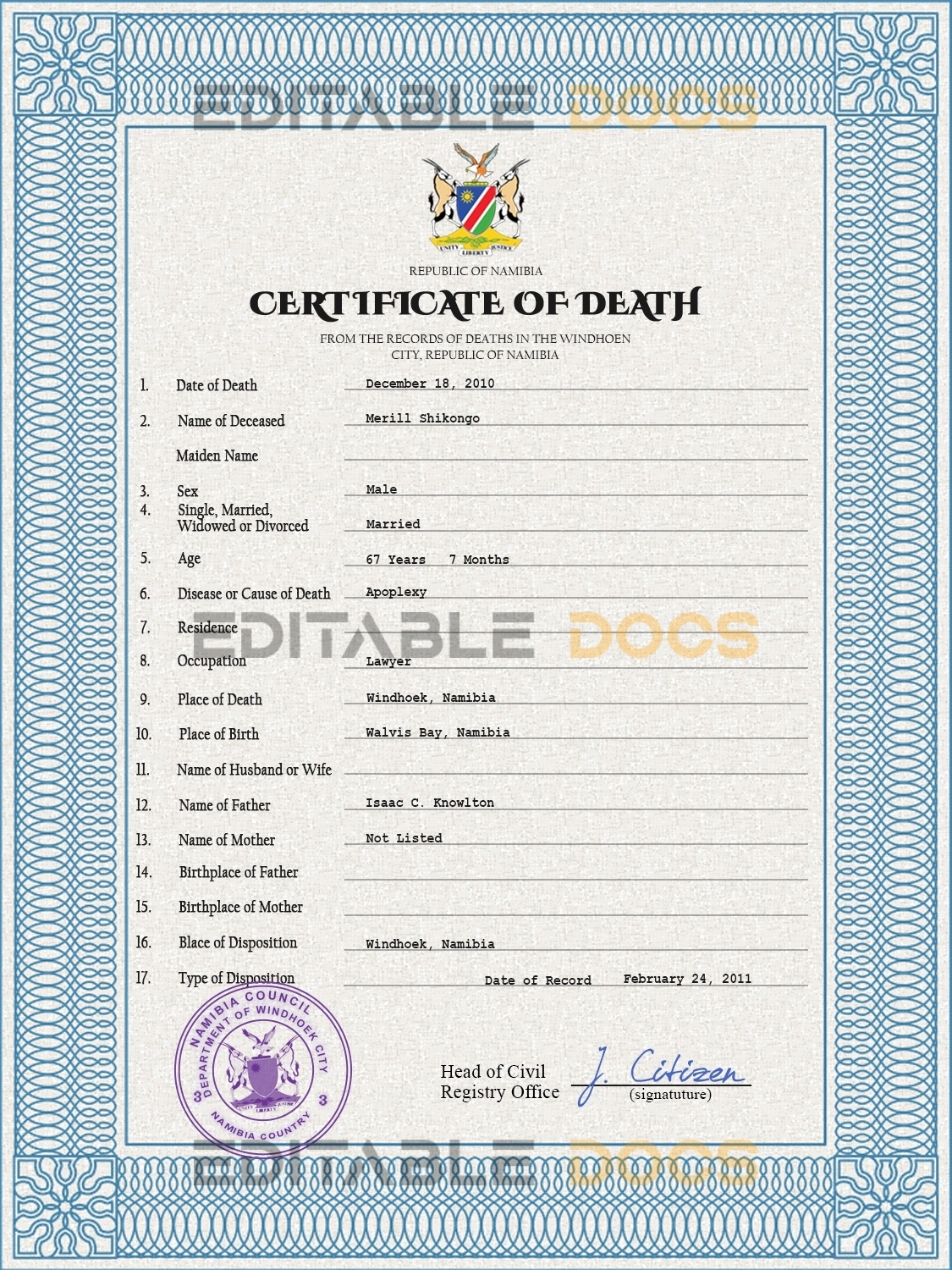 Customizable Namibia Death Certificate PSD Templates | Instant Download