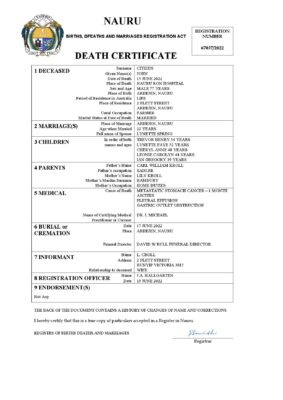 Nauru death certificate Word and PDF template, completely editable