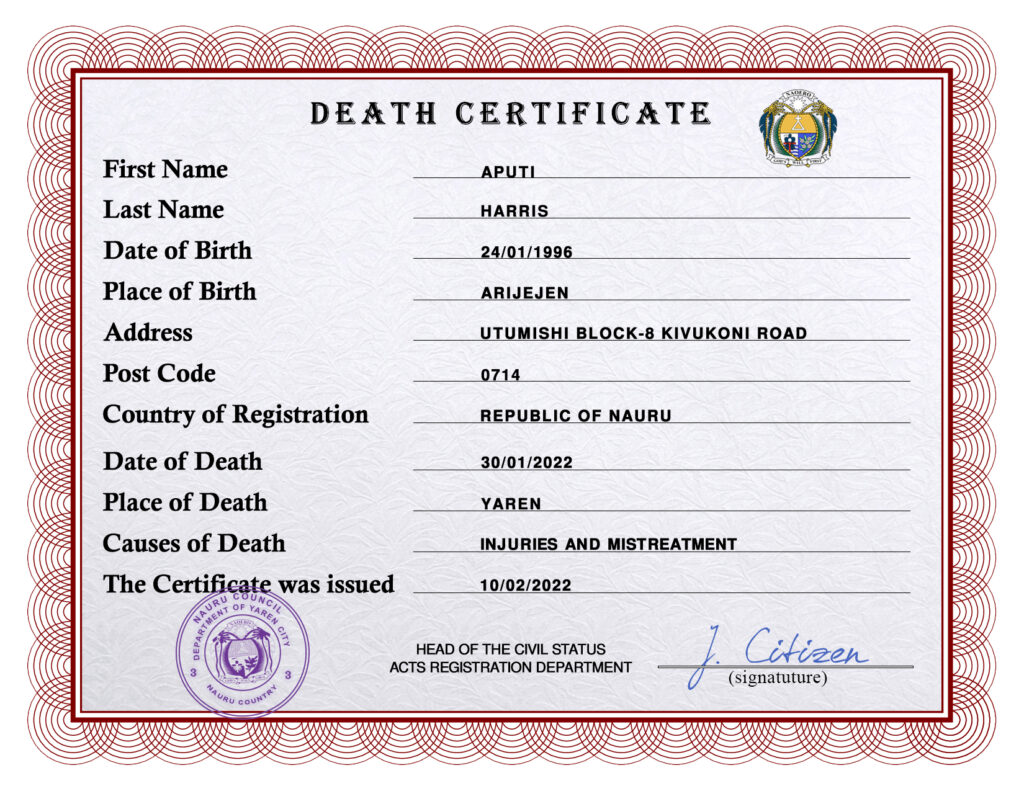 Nauru vital record death certificate PSD template, fully editable