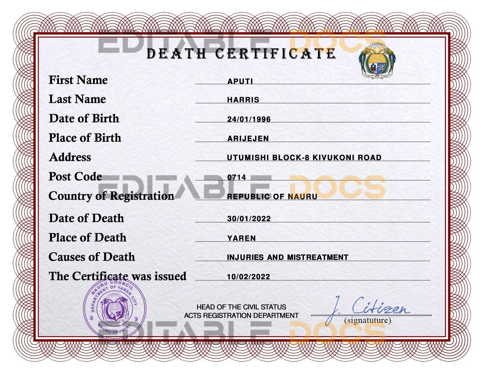 Customizable Nauru Death Certificate PSD Templates | Instant Download