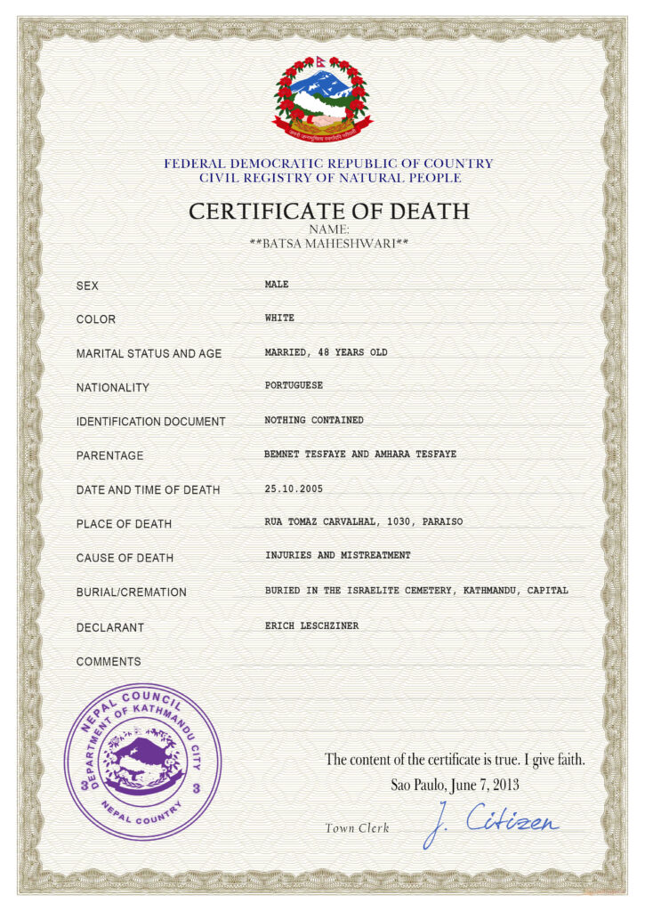 Nepal vital record death certificate PSD template, completely editable