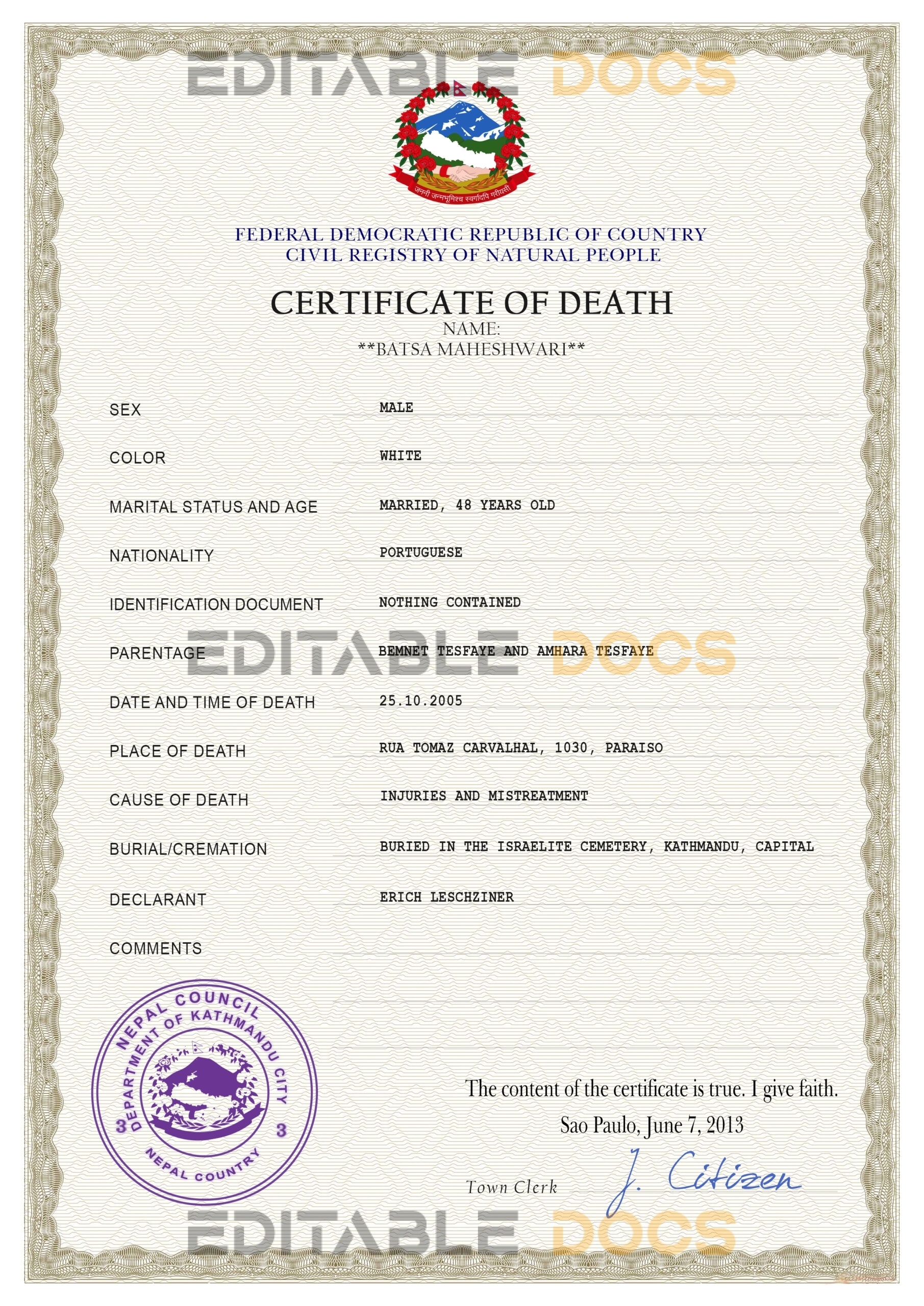 Customizable Nepal Death Certificate PSD Templates | Instant Download