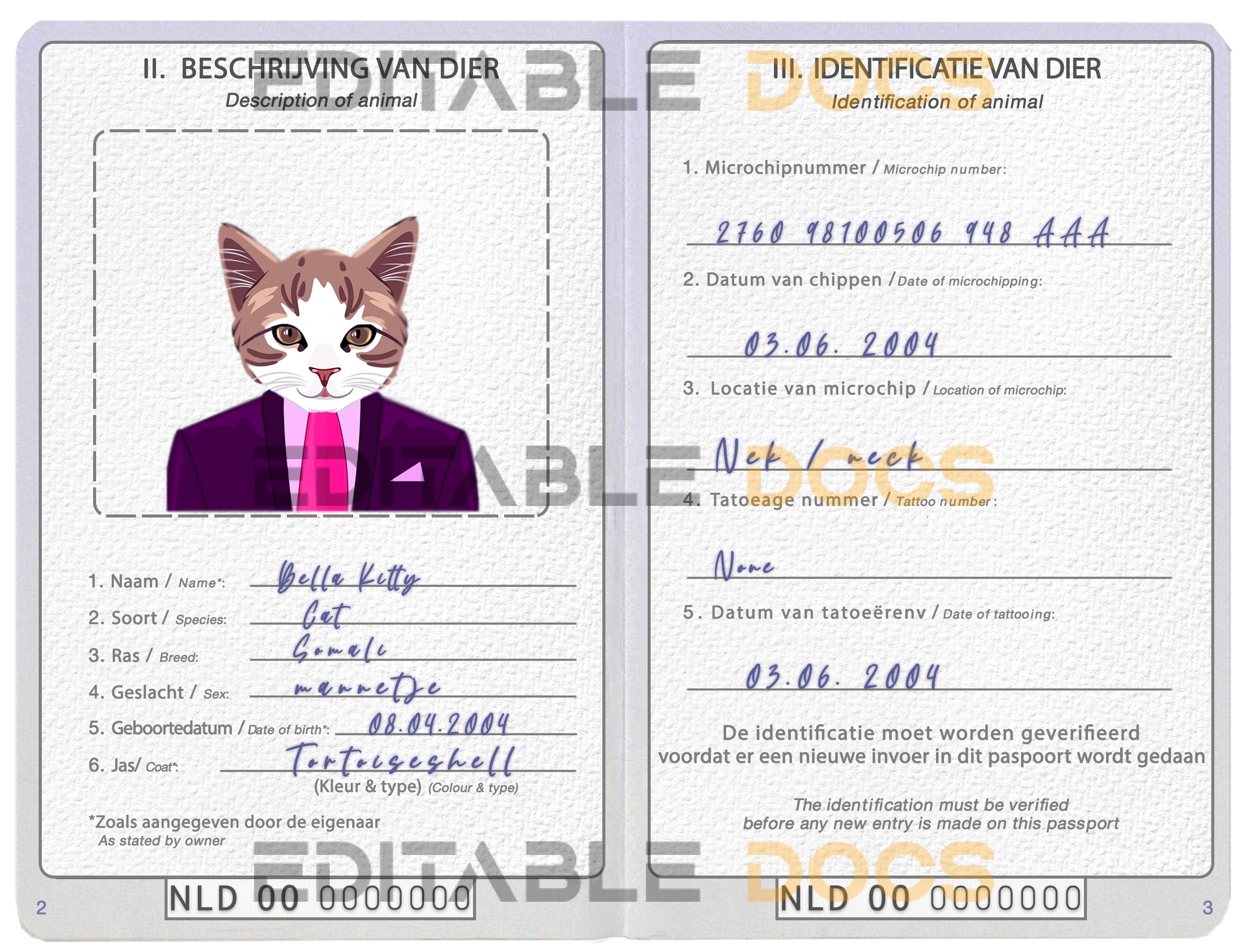 Netherlands cat Fake PSD Passport | Instant Download