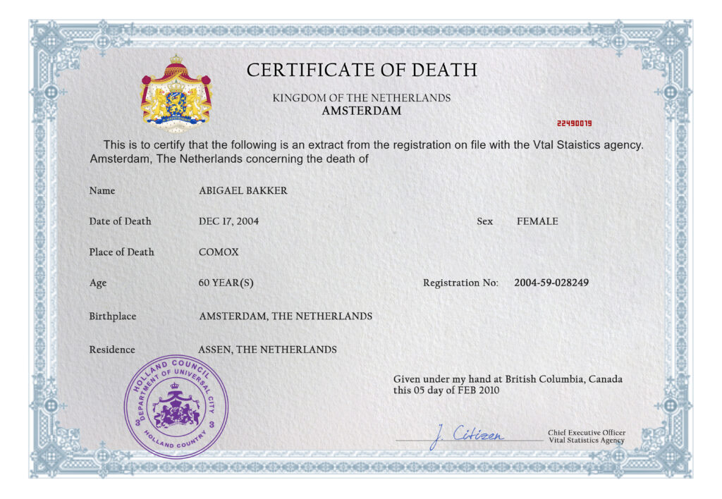 Netherlands death certificate PSD template, completely editable