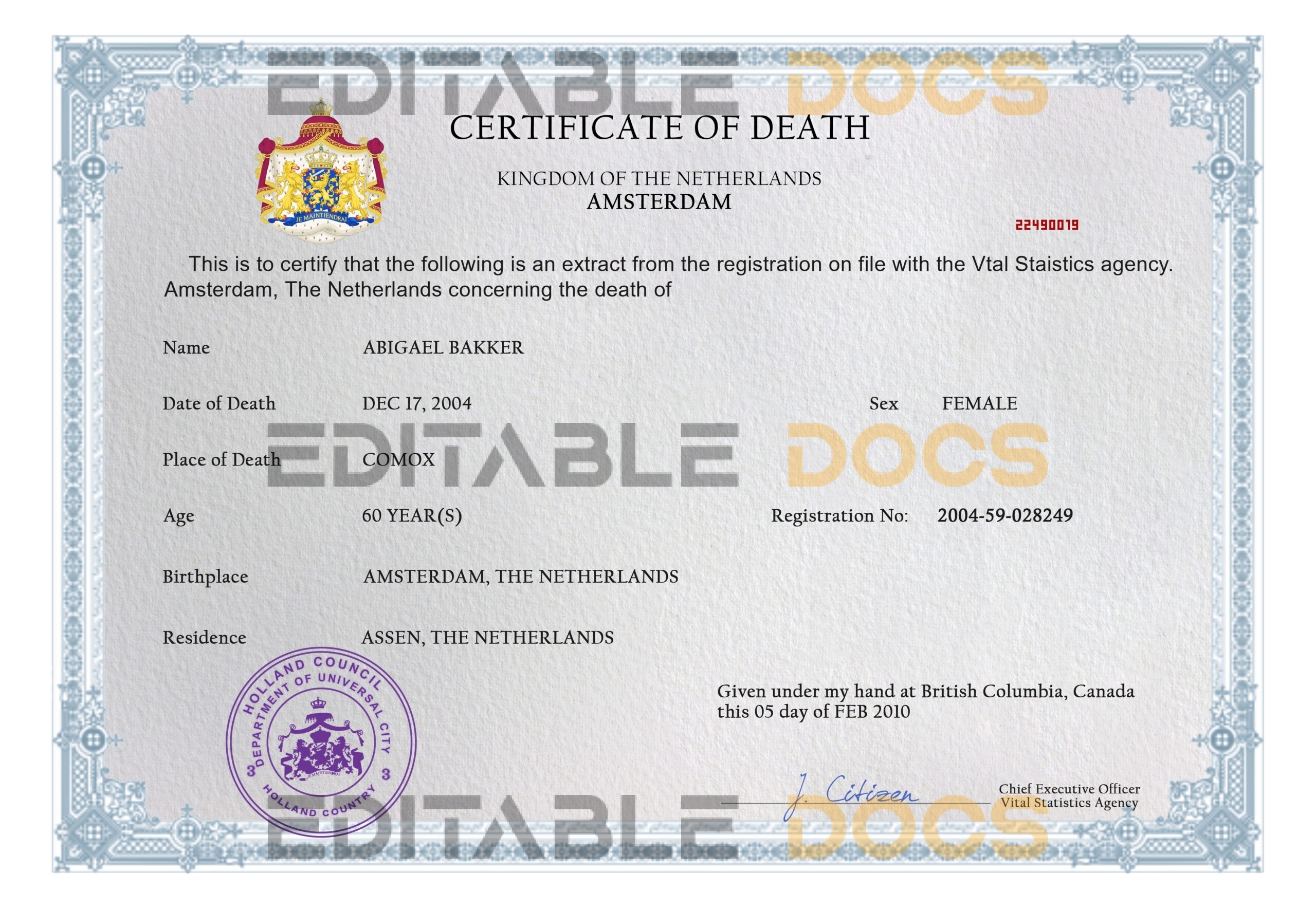 Customizable Netherlands Death Certificate PSD Templates | Instant Download