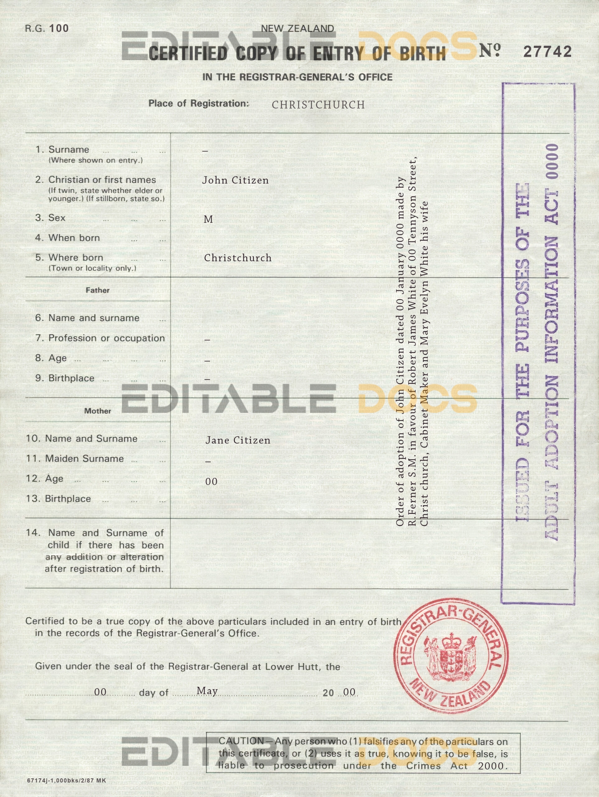 Authentic New Zealand Birth Certificate Template | Customize and Download Online