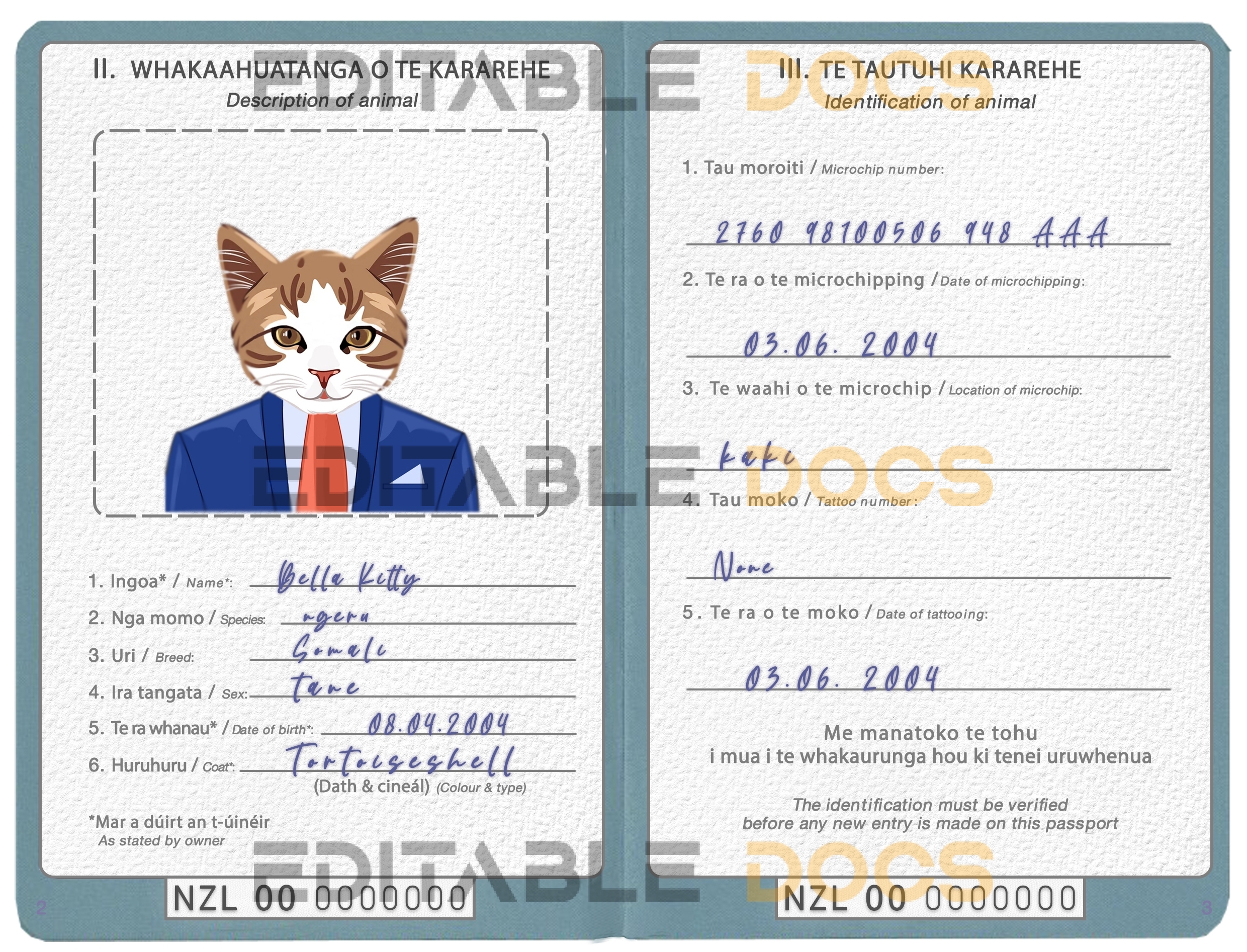 New Zealand cat Fake PSD Passport | Instant Download