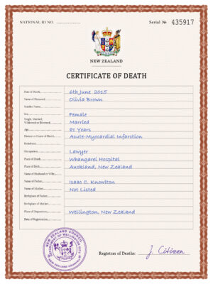 New Zealand vital record death certificate PSD template