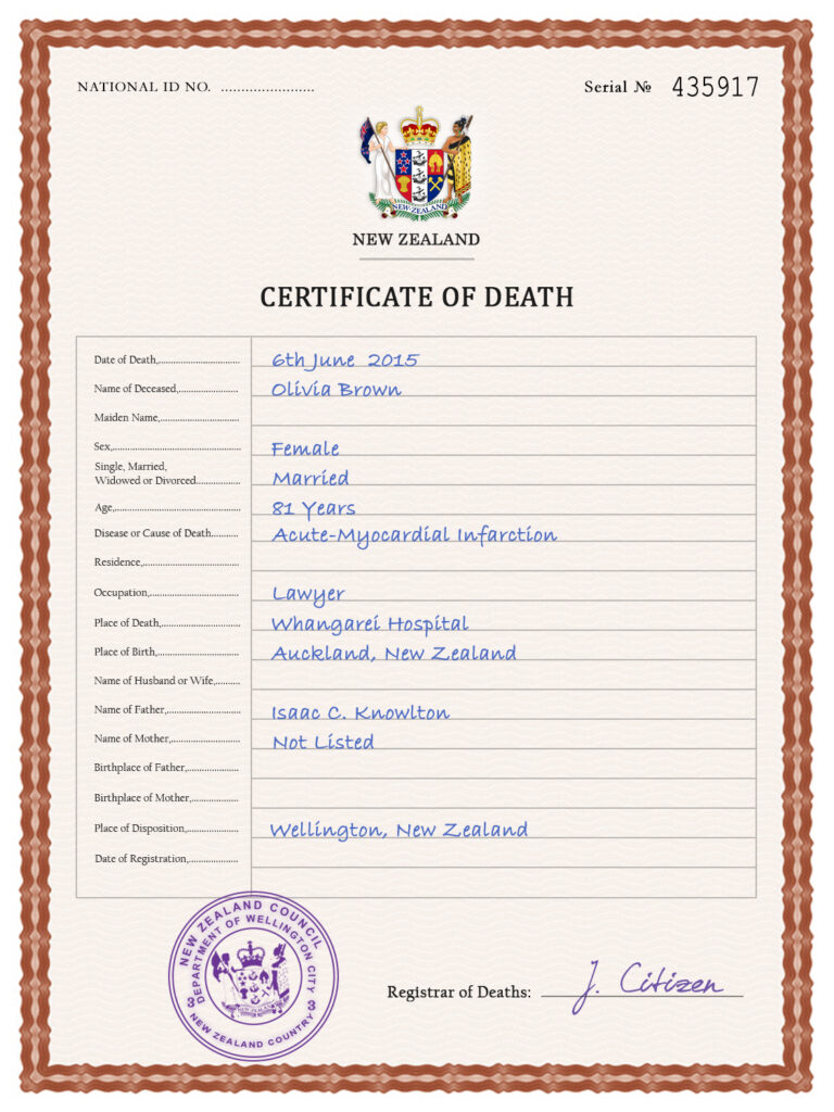 New Zealand vital record death certificate PSD template