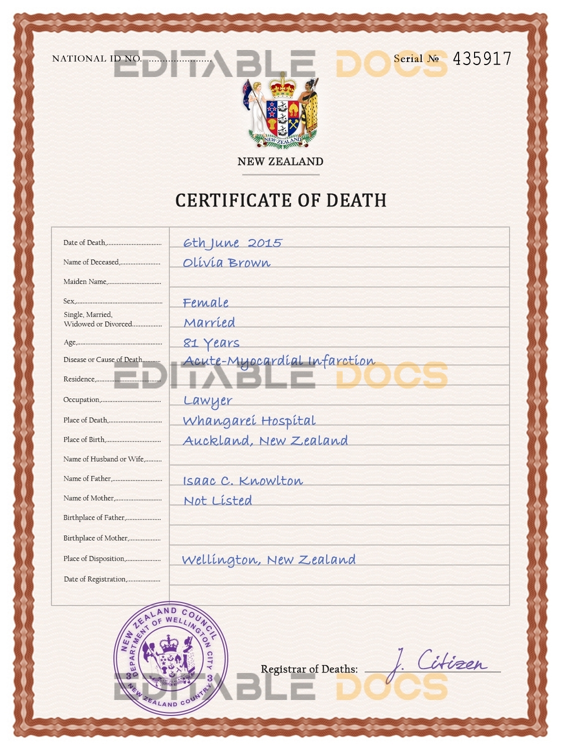 Customizable New Zealand Death Certificate PSD Templates | Instant Download