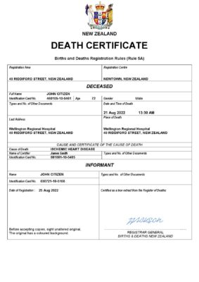 New Zealand death certificate Word and PDF template, completely editable