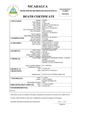 Nicaragua vital record death certificate Word and PDF template