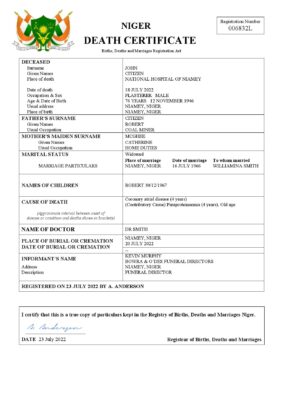 Niger death certificate Word and PDF template, completely editable