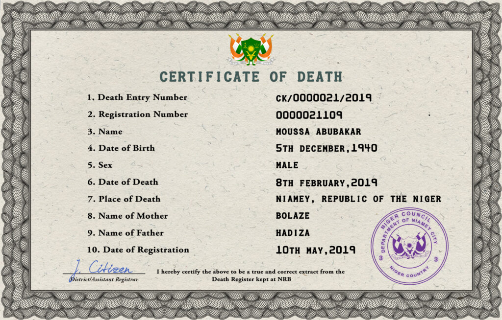 Niger death certificate PSD template, completely editable