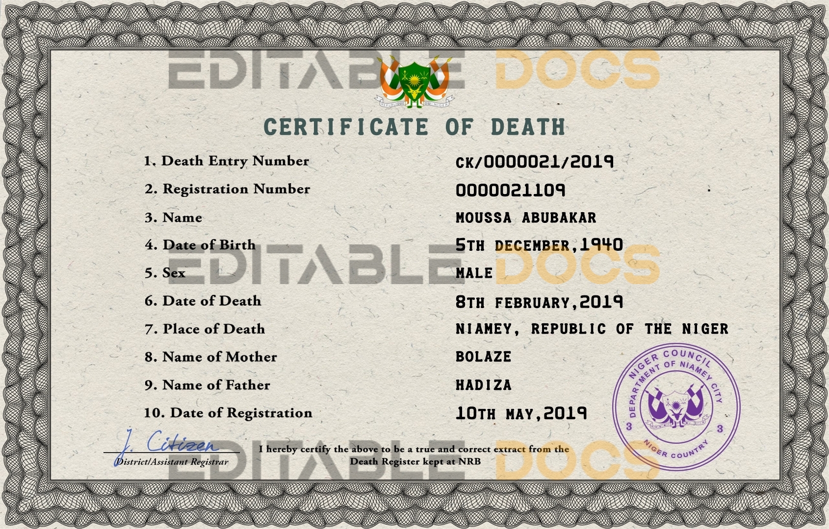 Customizable Niger Death Certificate PSD Templates | Instant Download