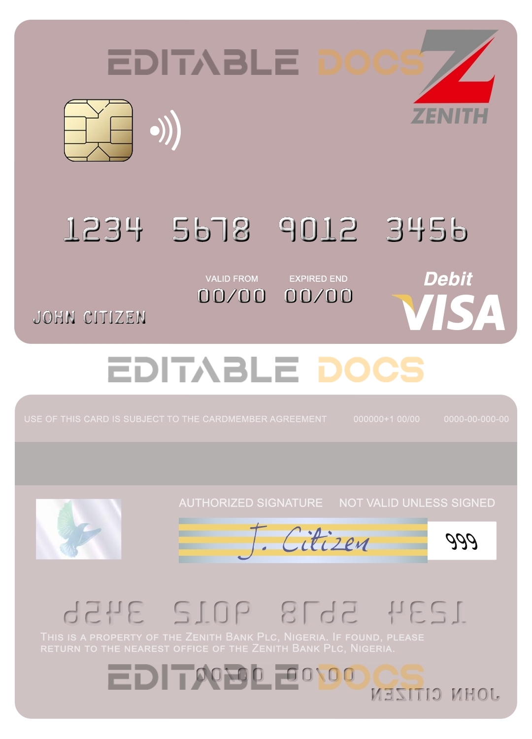 Fillable Nigeria Zenith Bank Plc visa debit card Templates | Layer-Based PSD