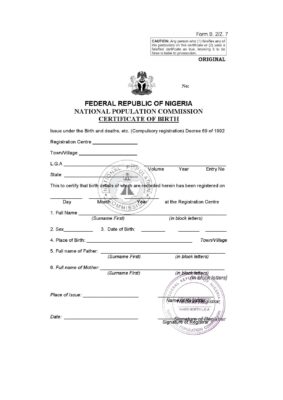 Nigeria birth certificate template in Word and PDF format