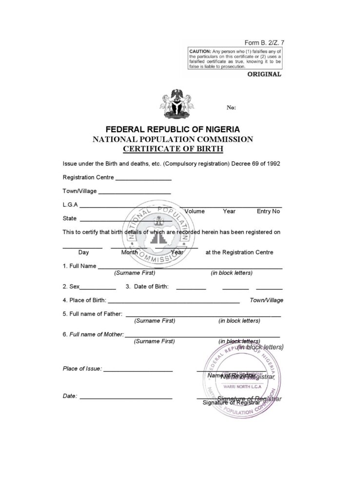 Nigeria birth certificate template in Word and PDF format