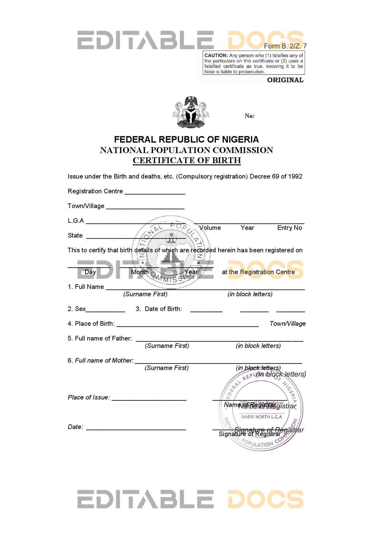Authentic Nigeria Birth Certificate Template | Customize and Download Online