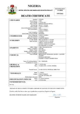 Nigeria vital record death certificate Word and PDF template