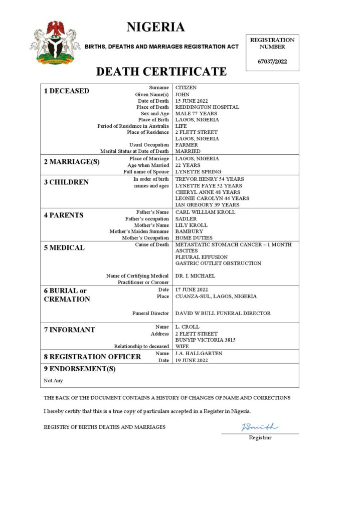 Nigeria vital record death certificate Word and PDF template
