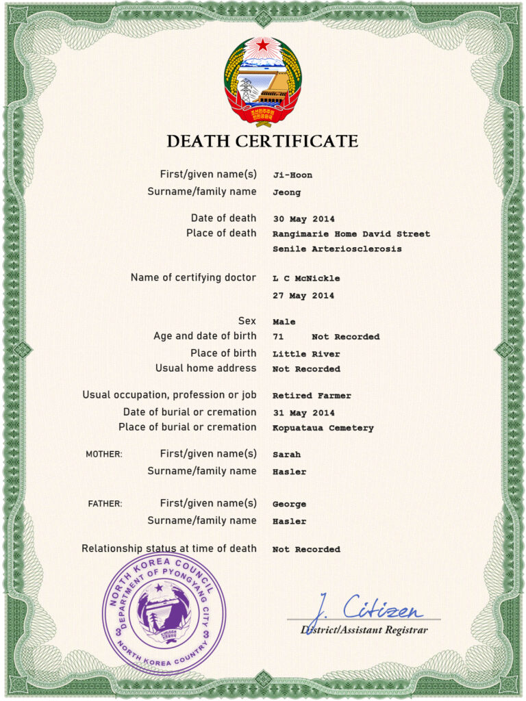North Korea death certificate PSD template, completely editable