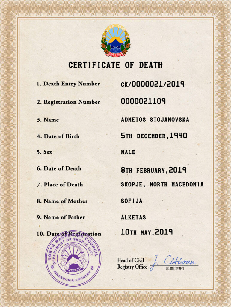 North Macedonia vital record death certificate PSD template