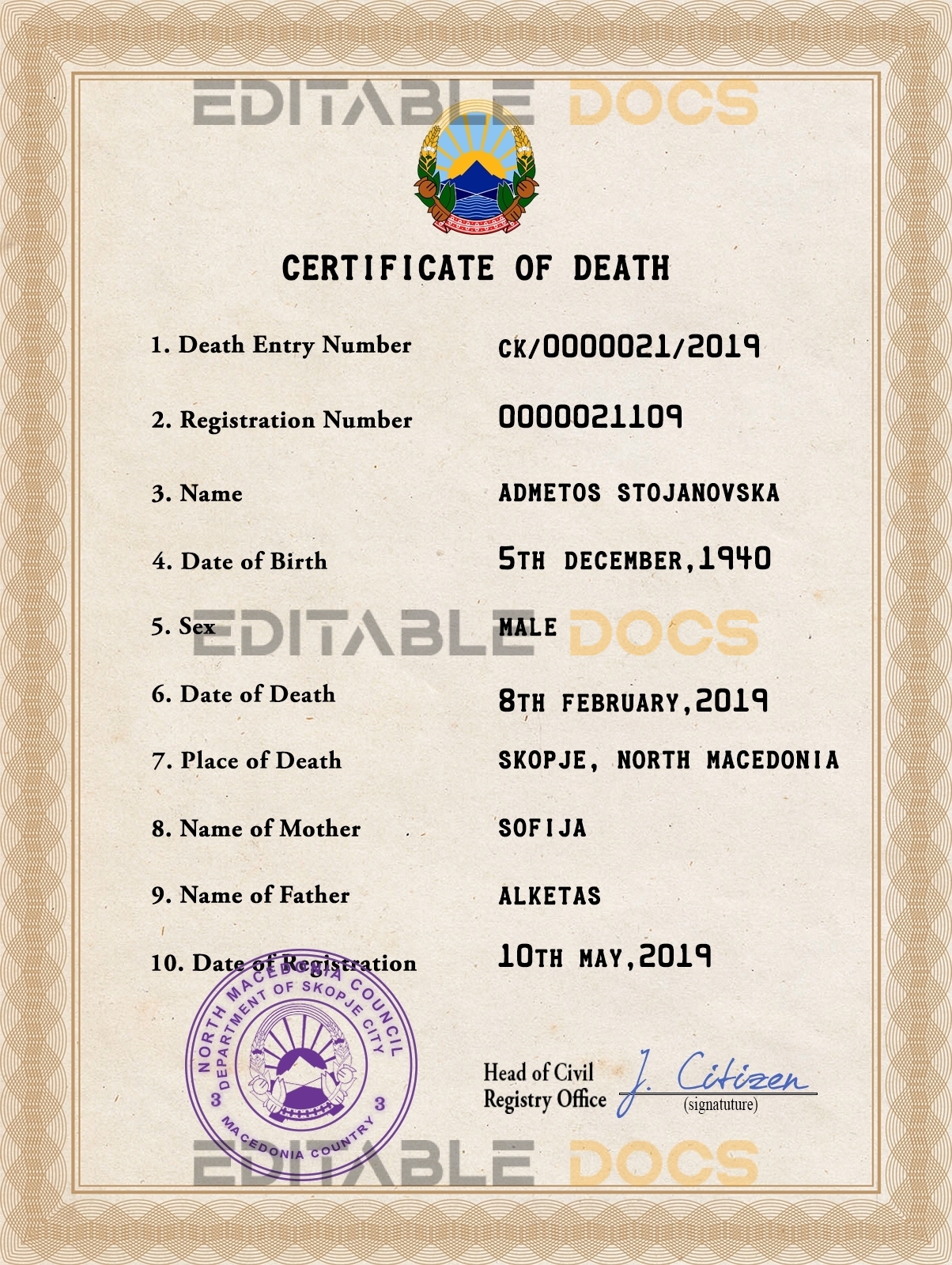 Customizable North Macedonia Death Certificate PSD Templates | Instant Download