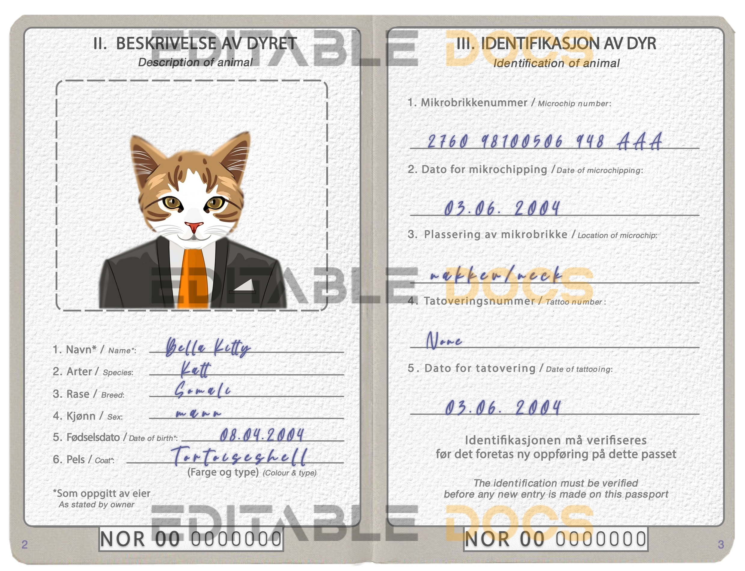 Norway cat Fake PSD Passport | Instant Download