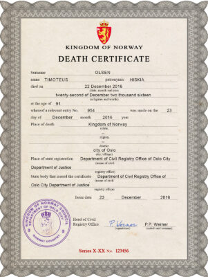 Norway vital record death certificate PSD template, completely editable