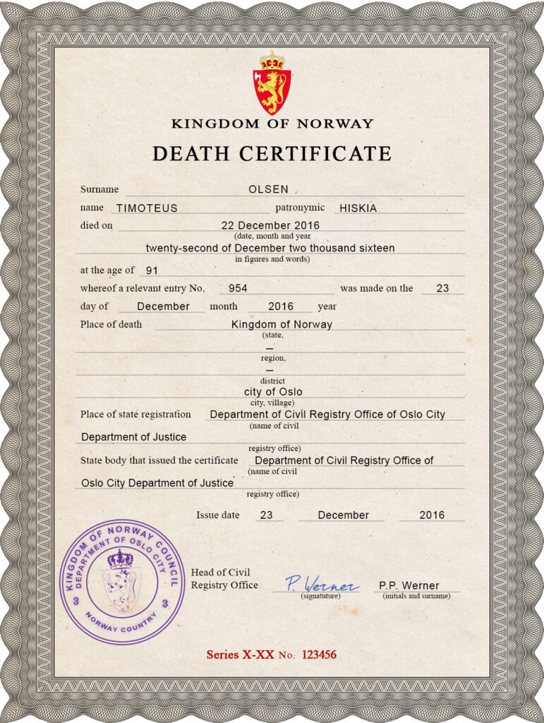 Norway vital record death certificate PSD template, completely editable