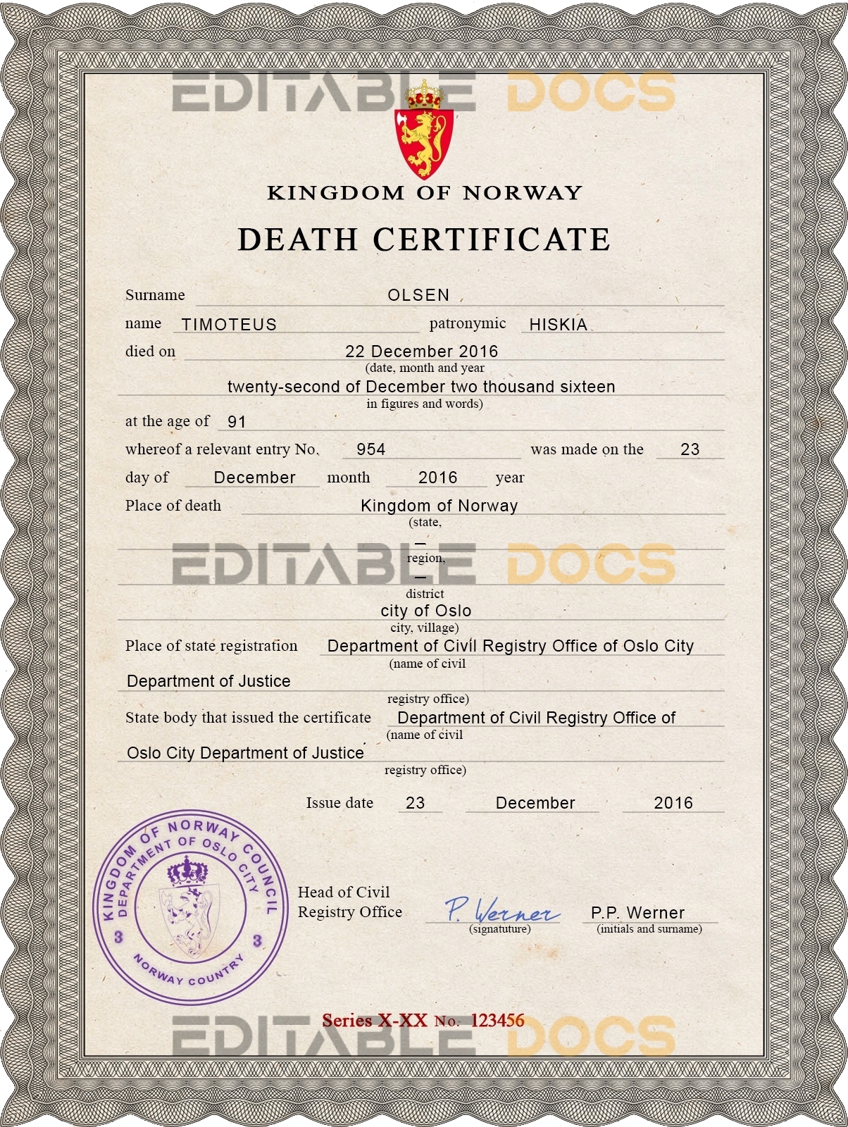 Customizable Norway Death Certificate PSD Templates | Instant Download