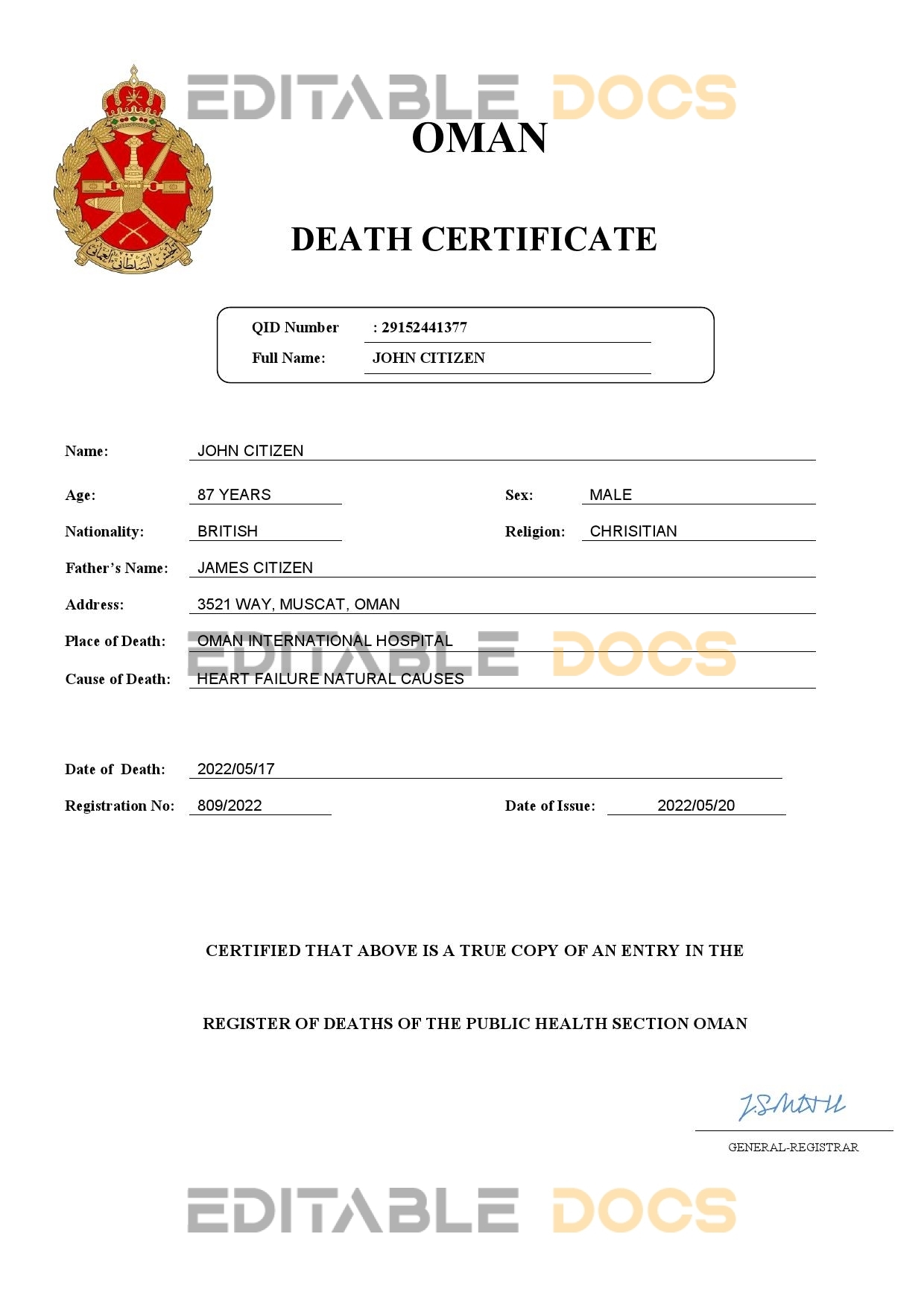 Fillable Oman Death PDF Templates | Blank Docs