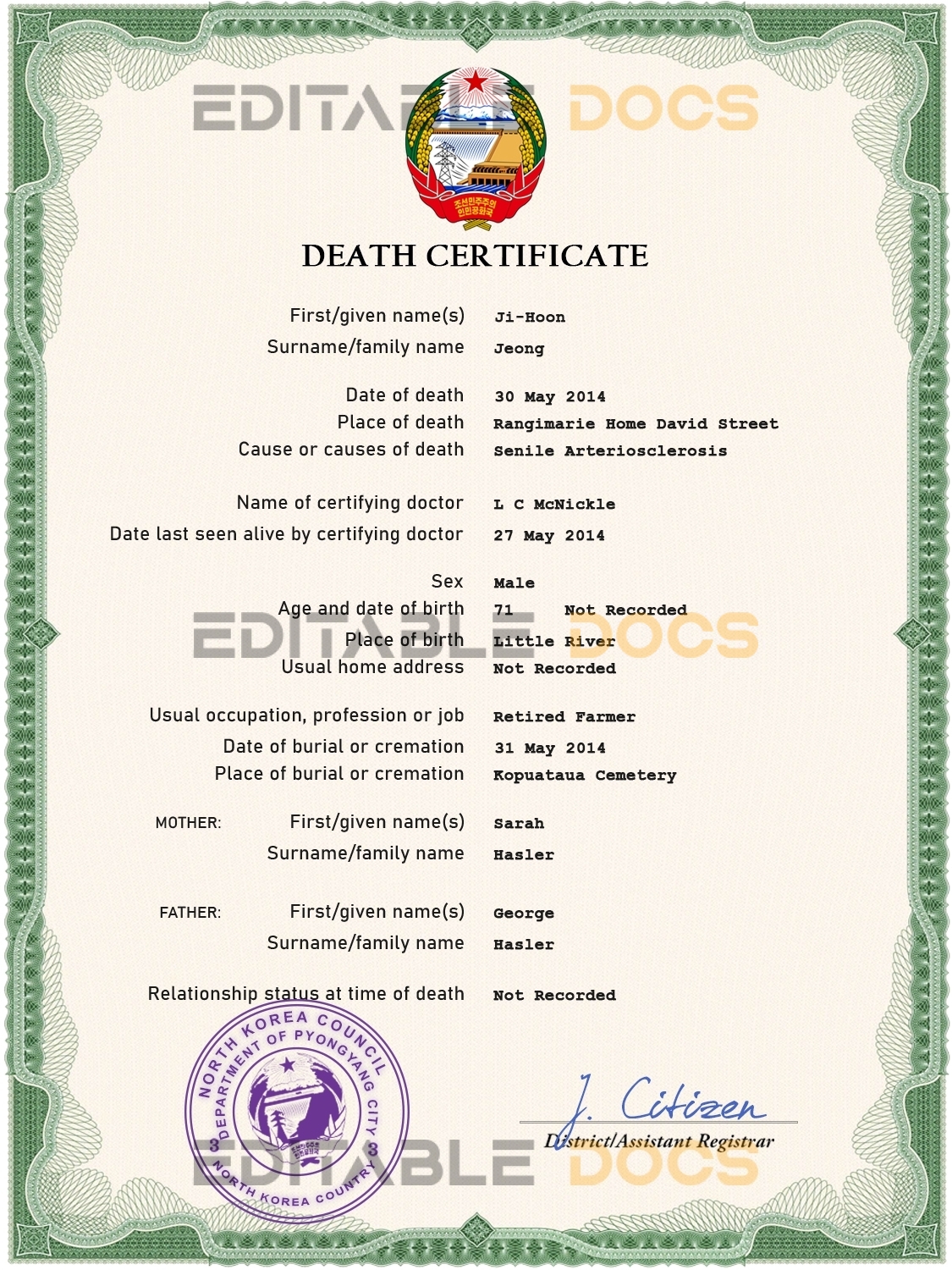 Customizable North Korea Death Certificate PSD Templates | Instant Download