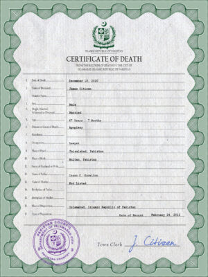 Pakistan vital record death certificate PSD template