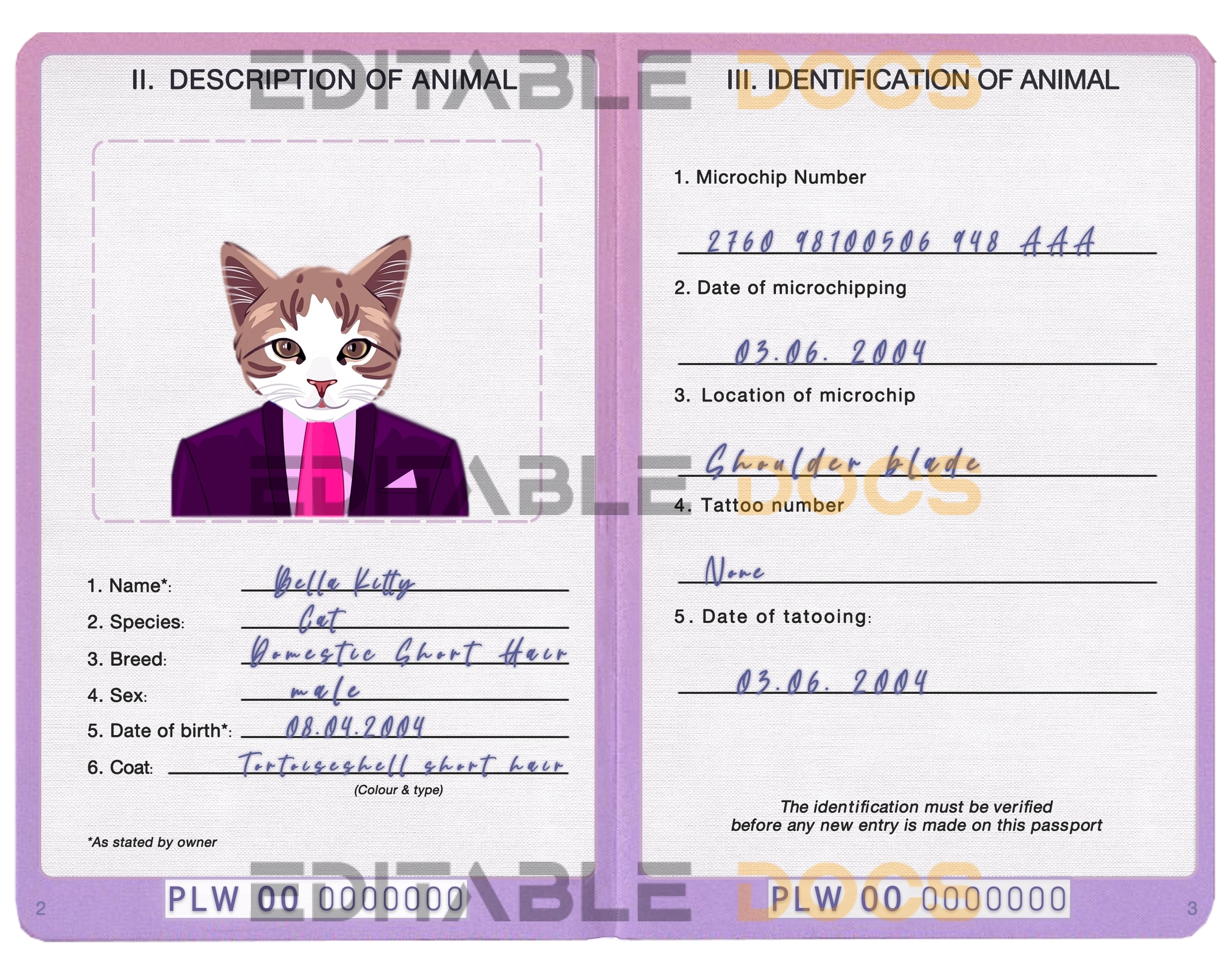 Palau cat Fake PSD Passport | Instant Download