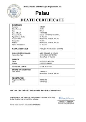 Palau vital record death certificate Word and PDF template