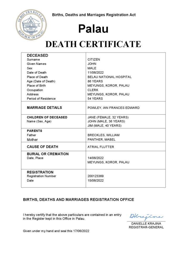 Palau vital record death certificate Word and PDF template
