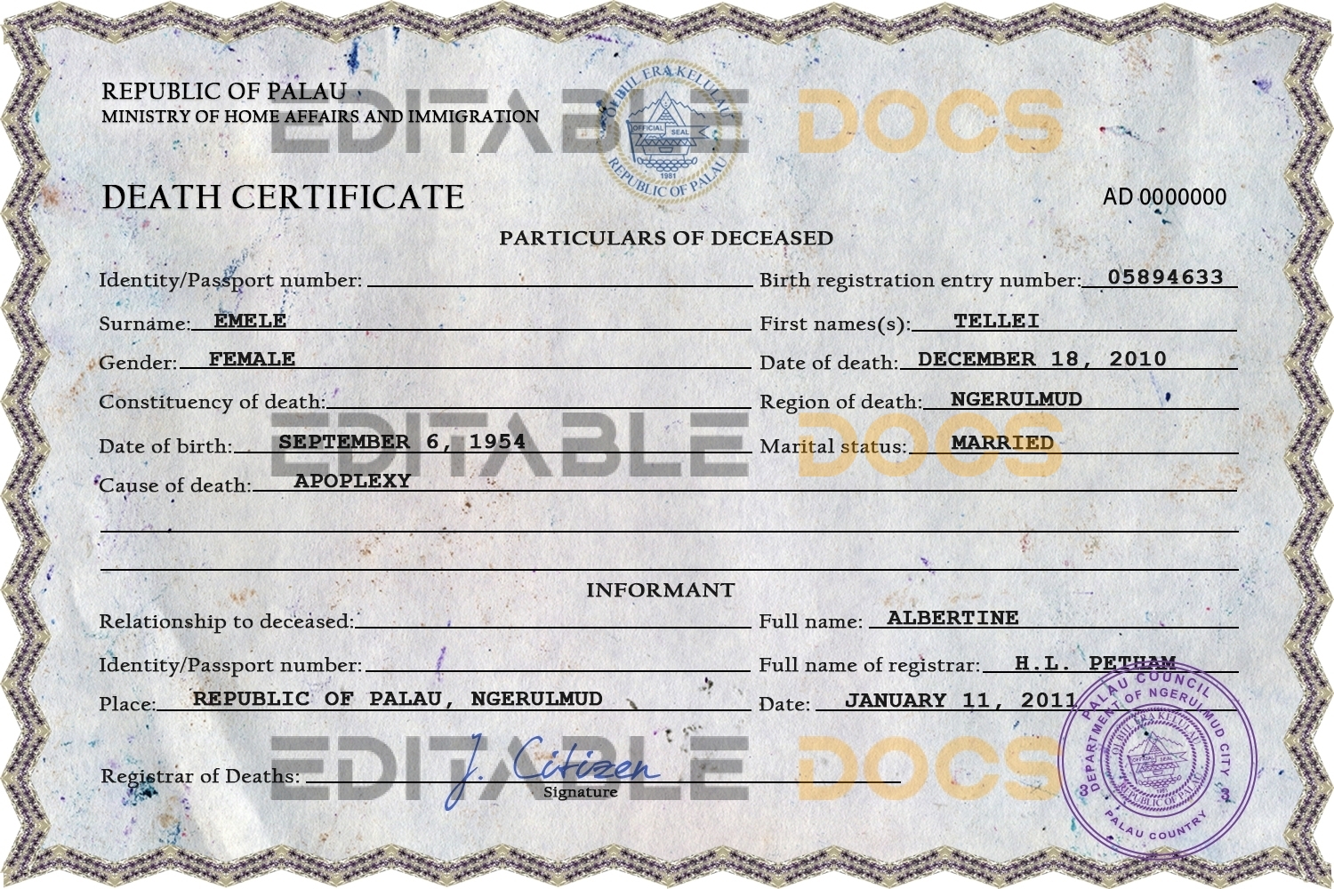 Customizable Palau Death Certificate PSD Templates | Instant Download