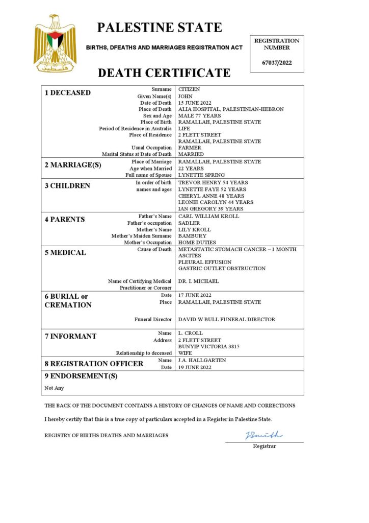 Palestine vital record death certificate Word and PDF template