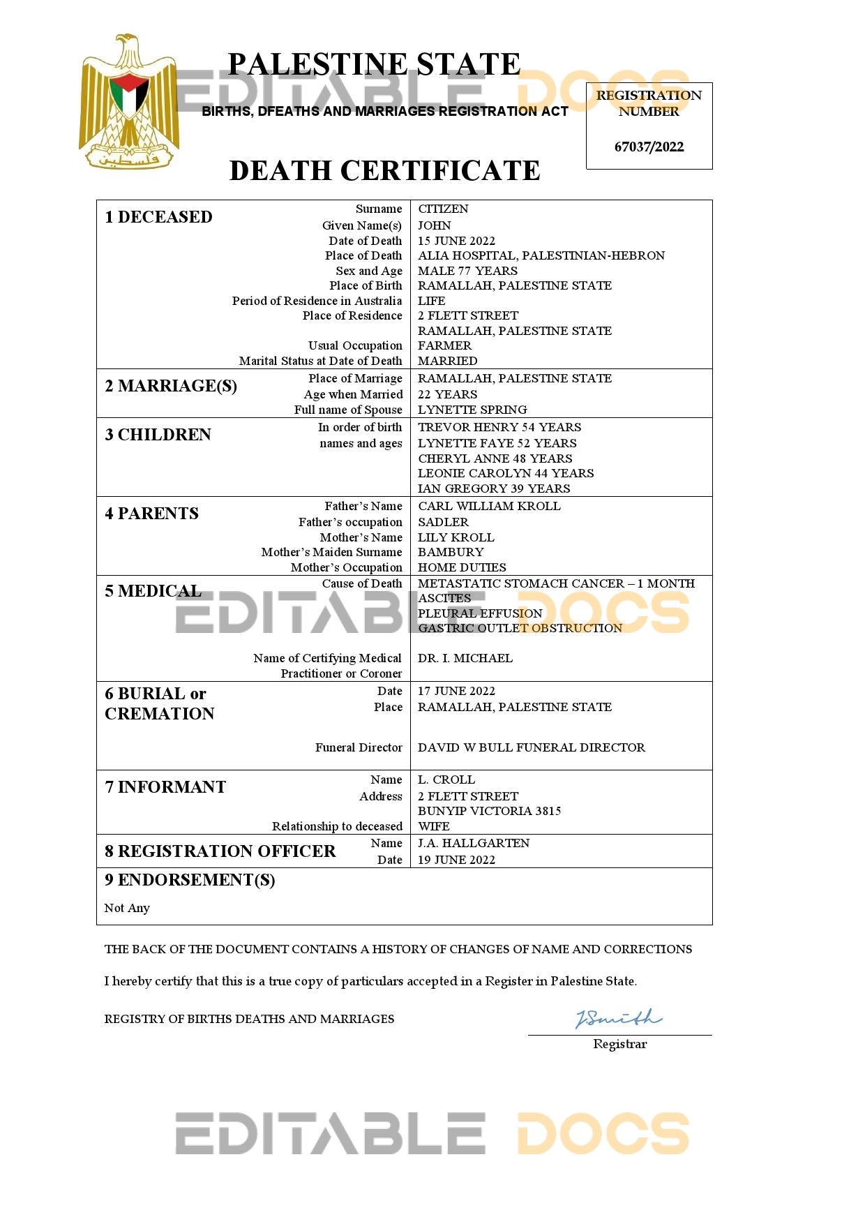 Fillable Palestine Death PDF Templates | Blank Docs
